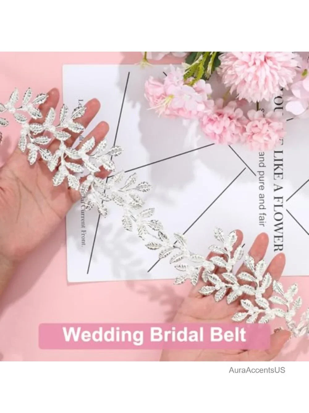 Silver Leaf Pearl Bridal Belt with Organza - Adjustable Wedding Sash